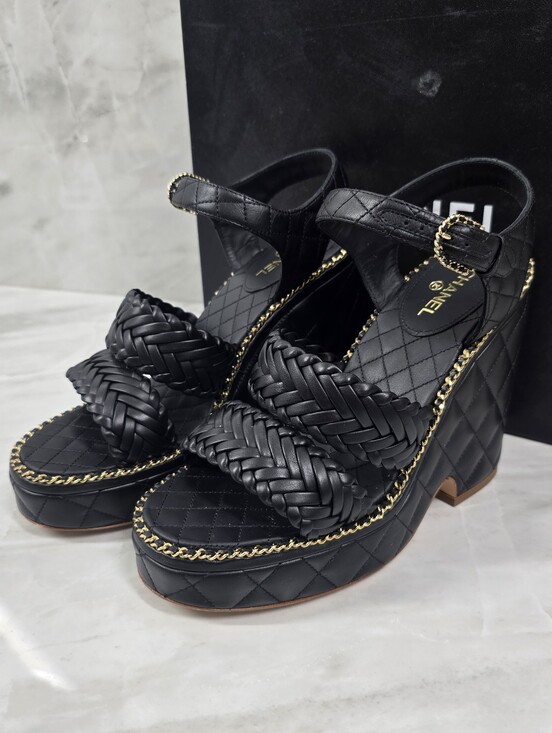 CHANEL Shoes - Chanel Black Quilted Braided Leather Platform Sandals
